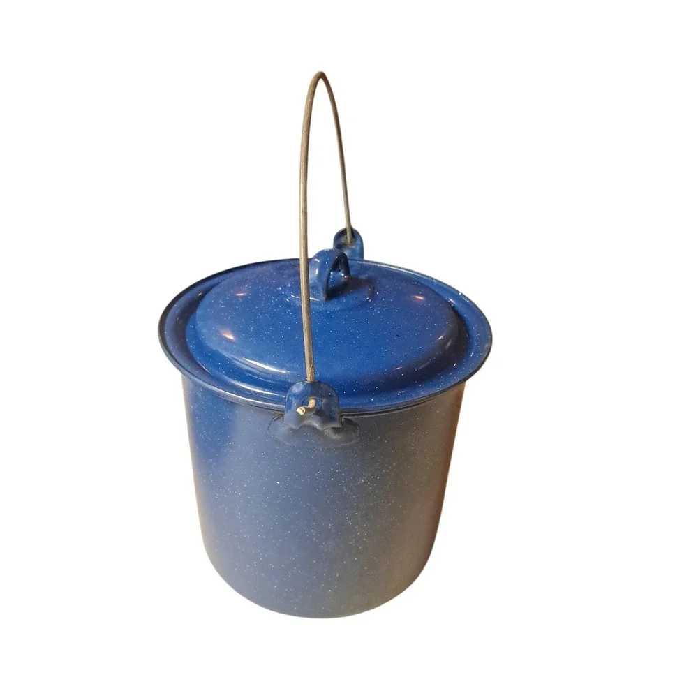 Vintage Blue Speckled Enamelware Pot With Lid & Bail Handle